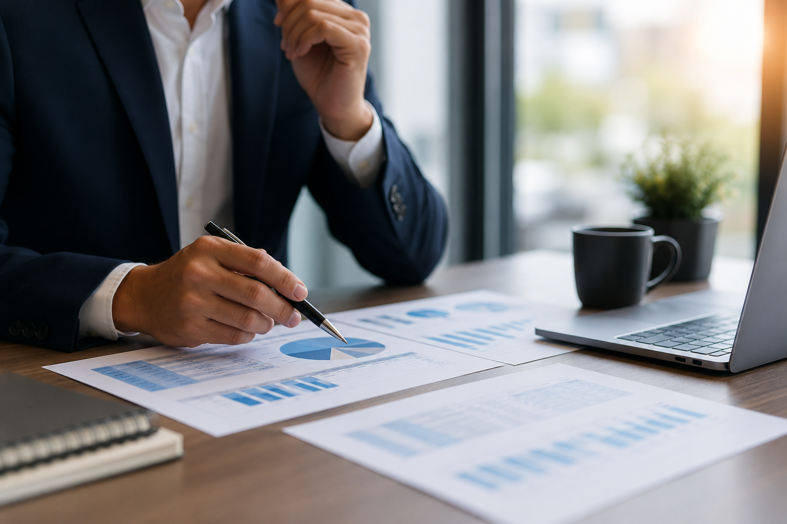 Professional reviewing tender opportunity documents and performance data