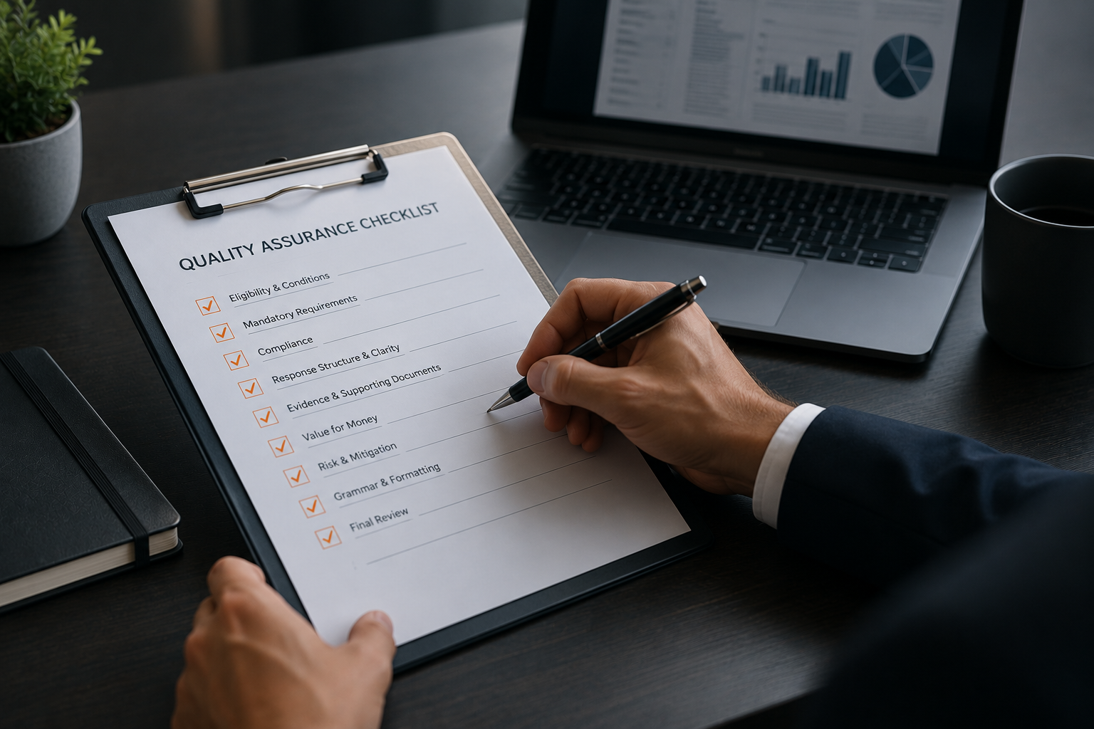 Professional completing a quality assurance review of tender documents