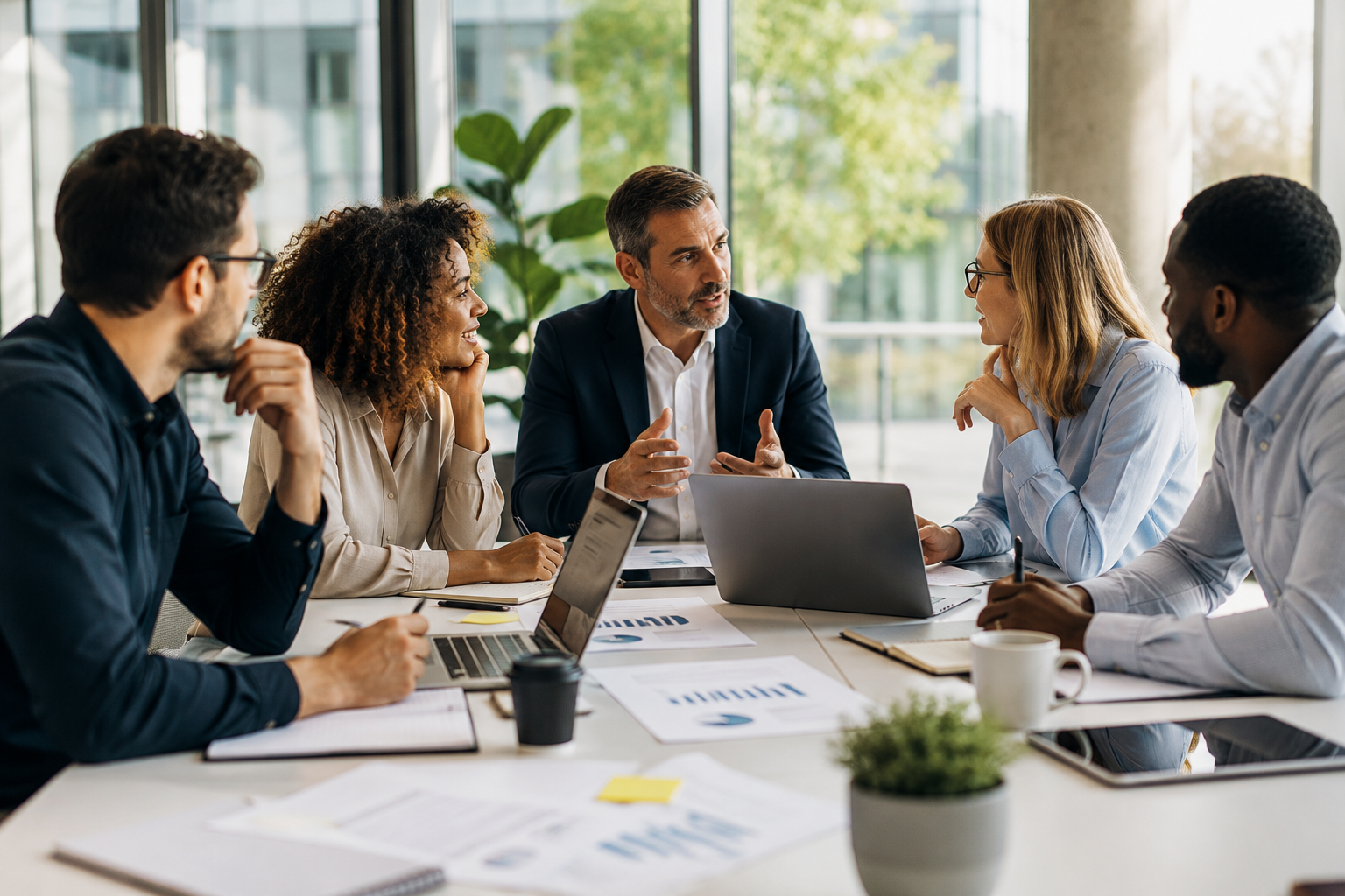 Business professionals taking part in a consultancy meeting