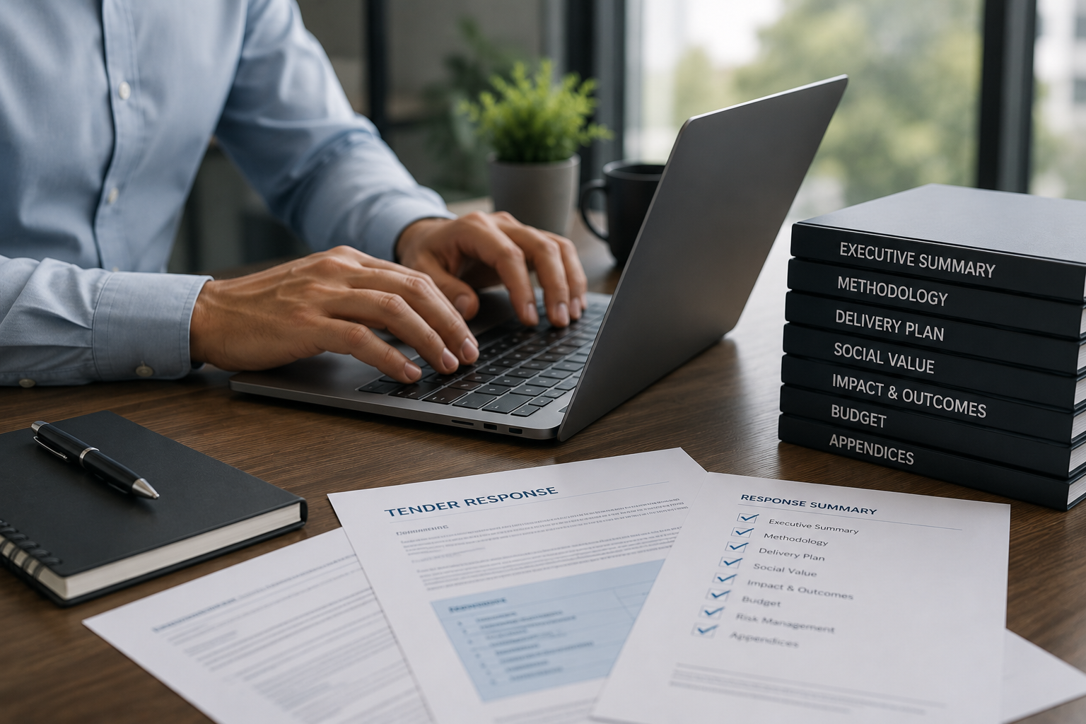 Professional writing a tender response at a modern office workspace